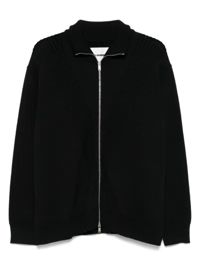 JIL SANDER BLACK WOOL SWEATHER WITH ZIP UP ELEMENT