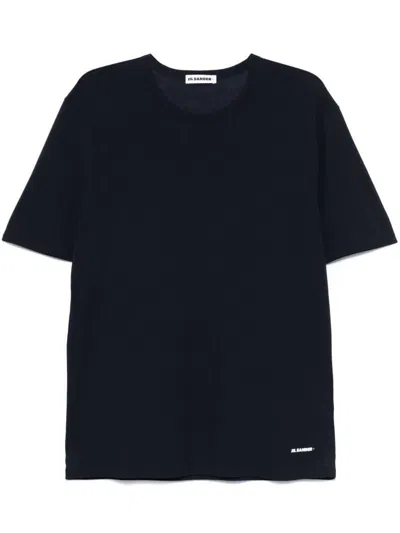 Jil Sander Blue Cotton T-shirt With Small White Logo In Black