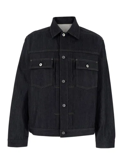 Jil Sander Blue Jacket With Classic Collar And Logo Patch On The Rear In Denim Man