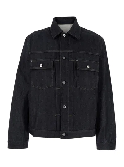 Jil Sander Blue Jacket With Classic Collar And Logo Patch On The Rear In Denim Man In Black