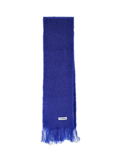 Jil Sander Blue Mohair Blend Fringed Scarf In Brown