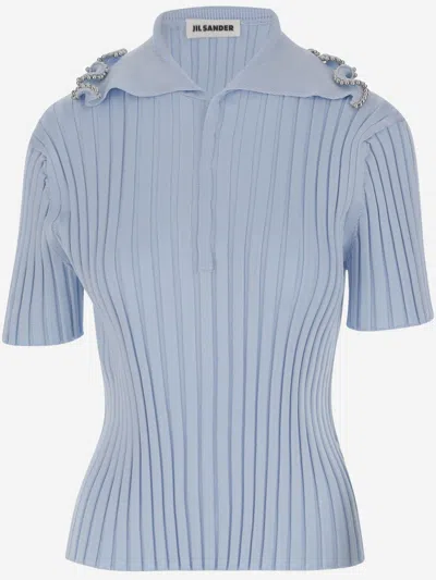 Jil Sander Blue Ribbed Polo Top