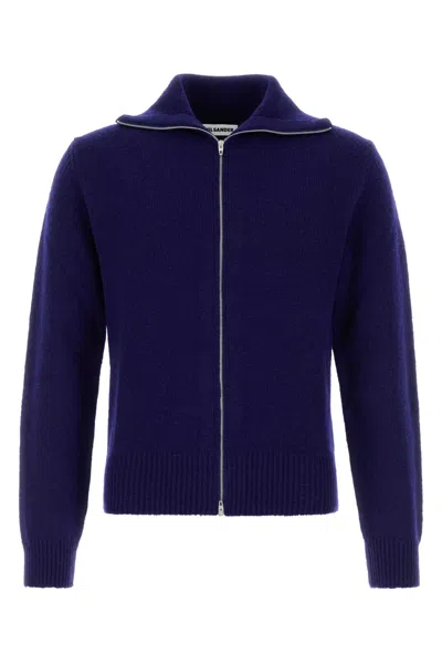 Jil Sander Wool Blend Cardigan High Collar Ribbed Finish In Blue