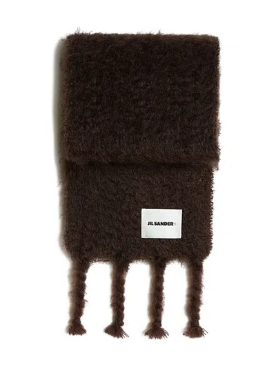 JIL SANDER BORDEAUX MOHAIR BLEND SCARF WITH FRINGED TASSELS