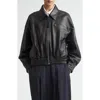 Jil Sander Leather Bomber Jacket Collared Pockets Elasticated Hem In Black