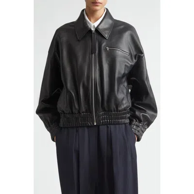Jil Sander Leather Bomber Jacket Collared Pockets Elasticated Hem In Black