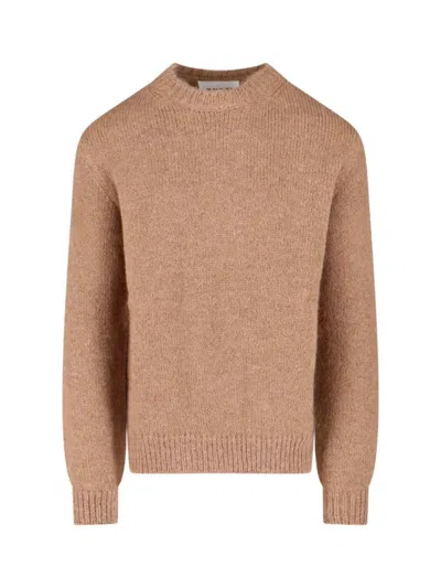 JIL SANDER BROWN ALPACA-WOOL BLEND CREWNECK SWEATER WITH RIBBED CUFFS