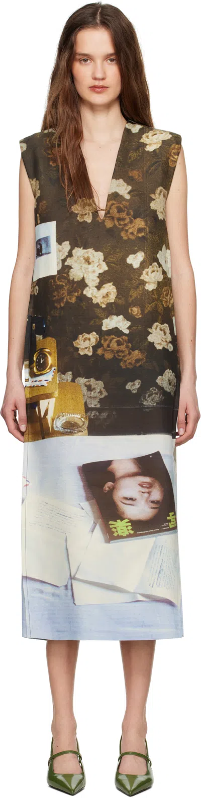 Jil Sander Brown & Blue Wool Blend Printed Midi Dress In 344 Musk