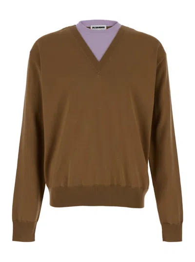 JIL SANDER BROWN AND LILLAC DOUBLE-NECK SWEATER IN WOOL MAN