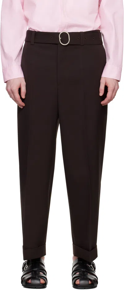 Jil Sander Brown Belted Trousers In Burgundy