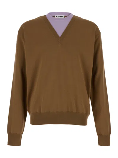 JIL SANDER BROWN DOUBLE-NECK SWEATER