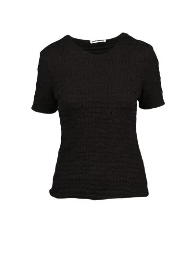 Jil Sander Brown Gathered Viscose Short Sleeve Blouse In Black