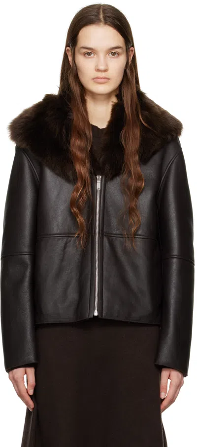 Jil Sander Shearling-collar Zip-up Jacket In 203 Dark Brown