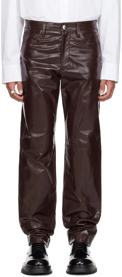Jil Sander Burgundy Patent Leather Pants In 601 Chocolate Plum