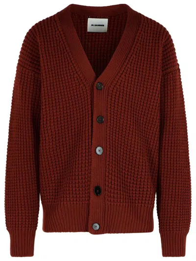 Jil Sander Burgundy Virgin Wool Cardigan Men In Red