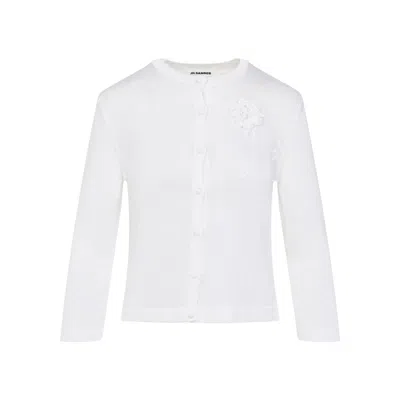 Jil Sander Button-up White Viscose Sweater With Floral Embellishment