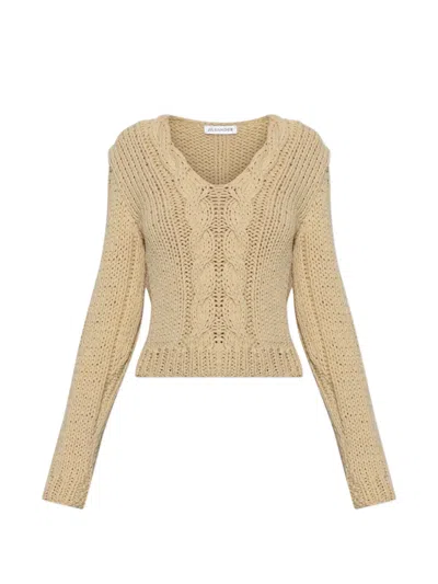 Jil Sander Cable-knit V-neck Sweater In Neutral
