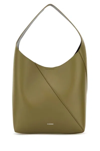 Jil Sander Calf Leather Green Shoulder Bag With Minimalist Design In Brown