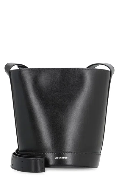 Jil Sander Cannolo Leather Bucket Bag In Black