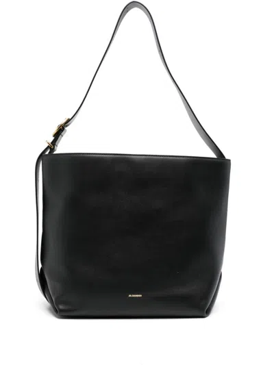 Jil Sander Cannolo Logo Printed Shoulder Bag In Black