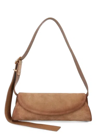 Jil Sander Cannolo Small Leather And Suede Handbag With Adjustable Strap And Embossed Logo In Brown