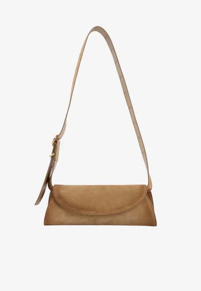 Jil Sander Cannolo Suede Crossbody Bag In Brown