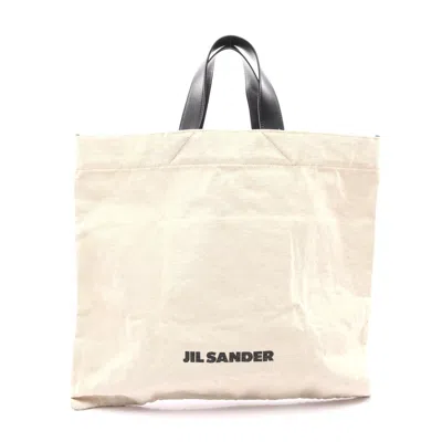 Jil Sander Canvas Leather Flat Shopper Tote Bag In White