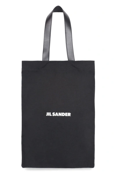 Jil Sander Logo Print Cotton-linen Blend Tote Bag In Black