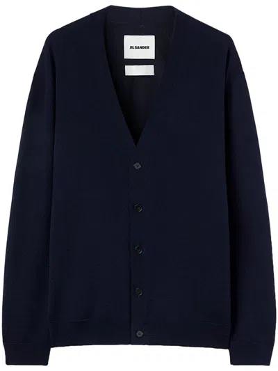Jil Sander Midnight Blue Merino Wool Cardigan In Black
