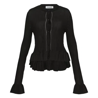 Jil Sander Cardigan With Frill At Bottom In Black