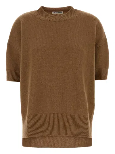 Jil Sander Cashmere Sweater With Crew Neck And Short Sleeves In Brown