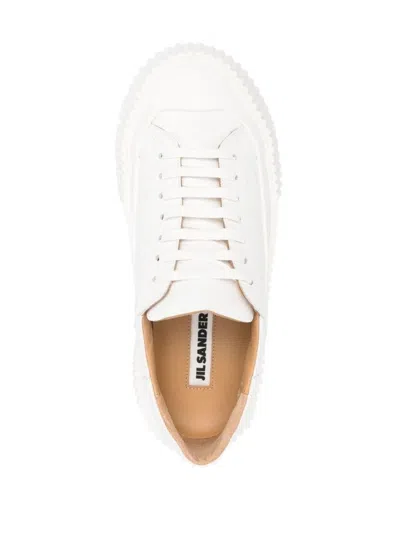Jil Sander Casual Minimalist Leather Sneakers With Ridged Sole In White