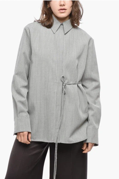 Jil Sander Check Wool Shirt With Lace-up Detail In Gray