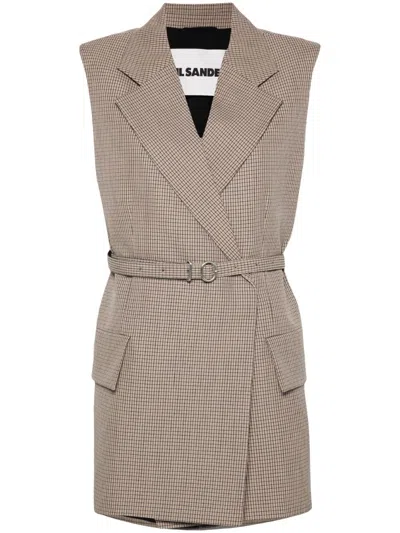 JIL SANDER CHECK WOOL WAISTCOAT - WOMEN'S - VIRGIN WOOL/CALF LEATHER/VISCOSE
