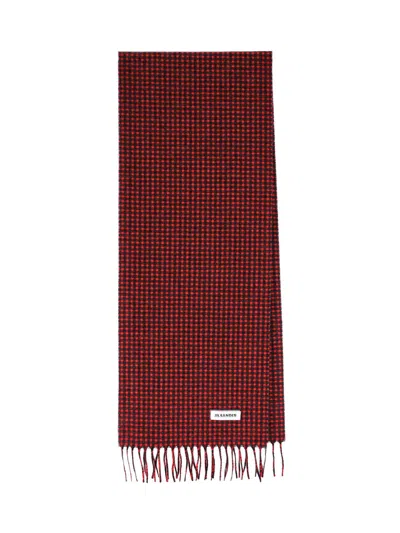 Jil Sander Checkered Virgin Wool Scarf With Fringed Edges And Logo Tag In Burgundy