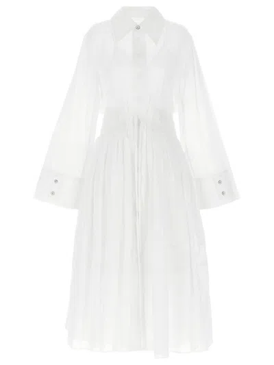 Jil Sander Waist Belt Long Sleeve Sheer Fabric Dress In White