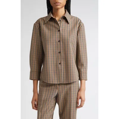 Jil Sander Classic Check Three-quarter Sleeve Crop Button-up Shirt In Brown