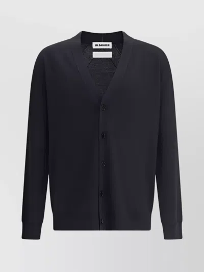 Jil Sander Clean V-neck Wool Cardigan With Ribbed Finish In Black