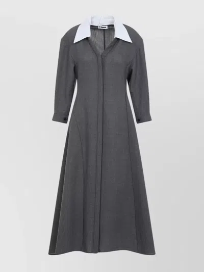 Jil Sander Collar Contrast Flare Sleeve Midi Dress In Gray