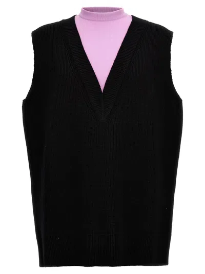 Jil Sander Ribbed Knit Sleeveless V-neck Vest In Black