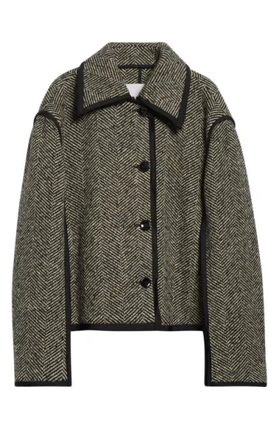 Jil Sander Contrast Trim Wool Blend Herringbone Jacket In Green