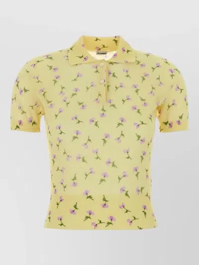 Jil Sander Cotton Blend Polo Shirt Floral Motif In Yellow
