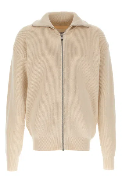 Jil Sander High Collar Cotton Cardigan With Ribbed Texture In Neutral
