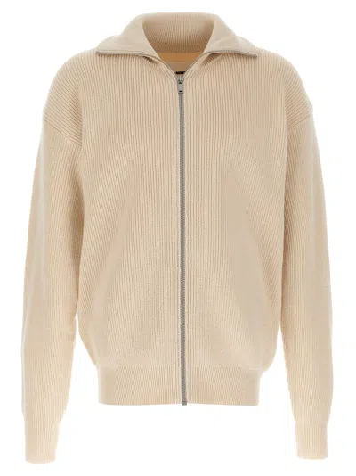 Jil Sander High Collar Cotton Cardigan With Ribbed Texture In Neutral