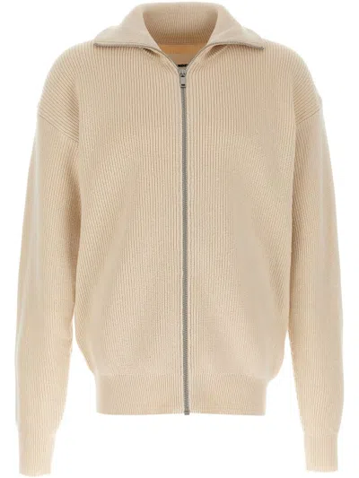 Jil Sander High Collar Cotton Cardigan With Ribbed Texture In Neutral