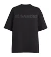 Jil Sander Round Neck Black Cotton T-shirt With Tonal Logo Print In Black