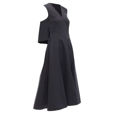 Jil Sander Cotton Silk Cape Back Cut Out V-neck Aline Midi Dress In Black