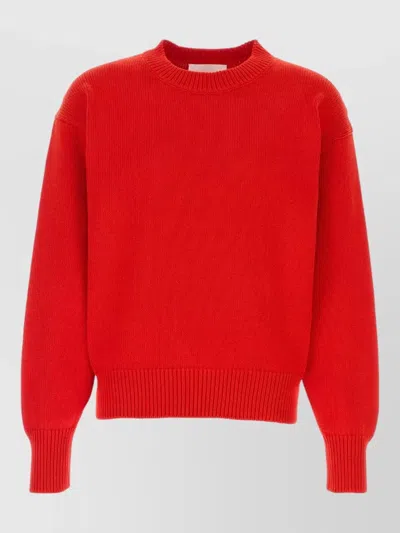 Jil Sander Cotton Sweater Long Sleeves Ribbed Trims In Red