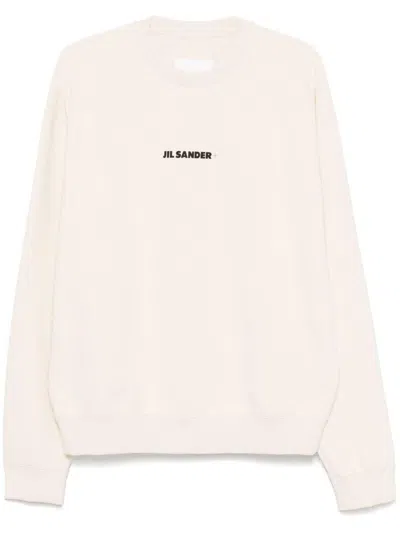 Jil Sander Cotton Sweatshirt In Cream With Logo Print In Pink