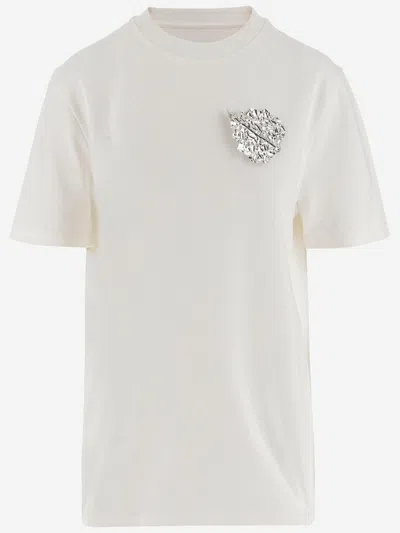 Jil Sander Cotton T-shirt With Leaf Brooch In White